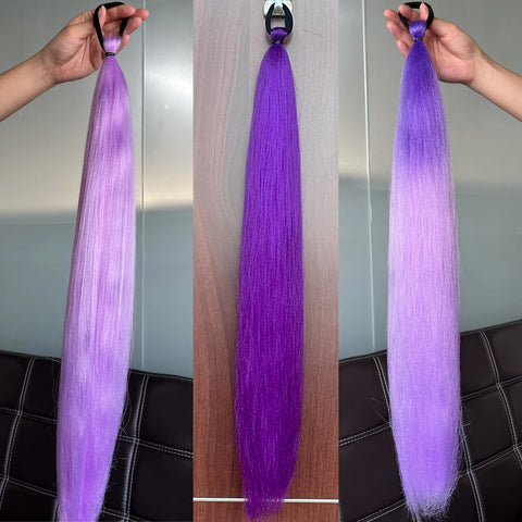 Synthetic 28Inch Long Straight Ponytail Purple DIY Braided Ponytail With Rubber Band Halloween Hair Accessories For Woman