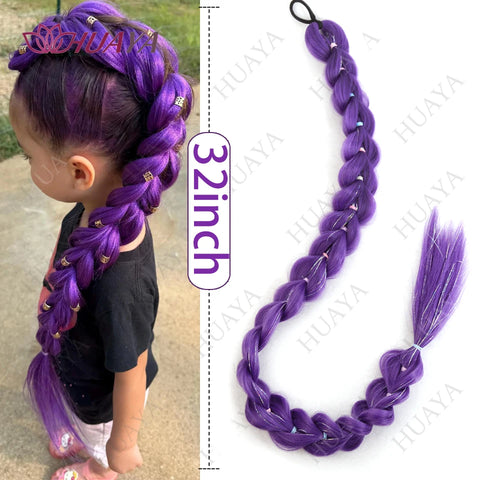 Synthetic Braided Purple Hair Ponytail Rumi Costume Hairstyle 26inch Long Ponytail with Clips for Kids Girls Halloween Christmas