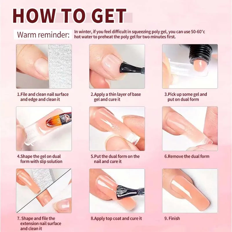 8PCS/Set Poly Extension Gel Set Nail Art Polygels Kit Clear White Color Nail UV Gel Tip Form Acrylic Nail Gel Slice Brush Kit