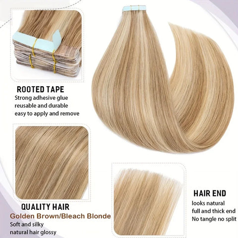 HAIRTIME Invisible Tape in Human Hair Extensions Light Golden Brown Blonde Hair Seamless Human Hair Tape In Extension Human Hair