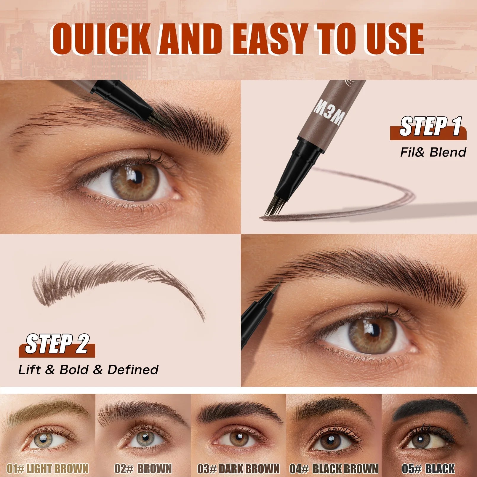 2PCS Eyebrow Pencil Dual End Brow Pen Waterproof Long Lasting Natural Hair Like Strokes Angled Tip Fine Brush For Women