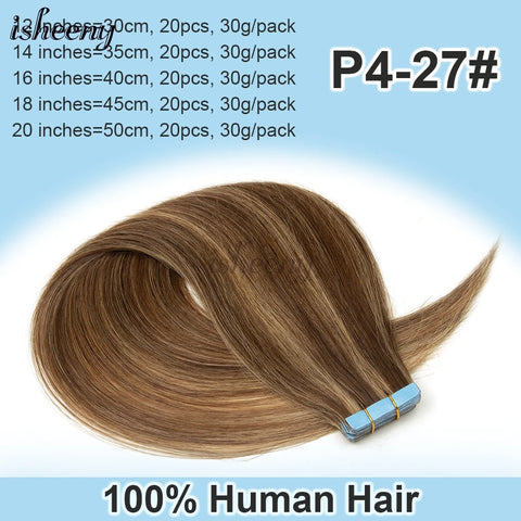 Blonde Invisible Tape in Human Hair Extensions 12-20 inches 20pcs 30g/pack Natural Straight Hair Easy to Wear at Home for Women