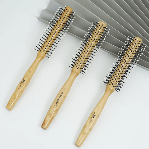 Natural Wood Handle Round Barrel Hair Comb Anti Static Brush Hair Round Comb Styling Tools For Thin Or Short Hair Men Women Use