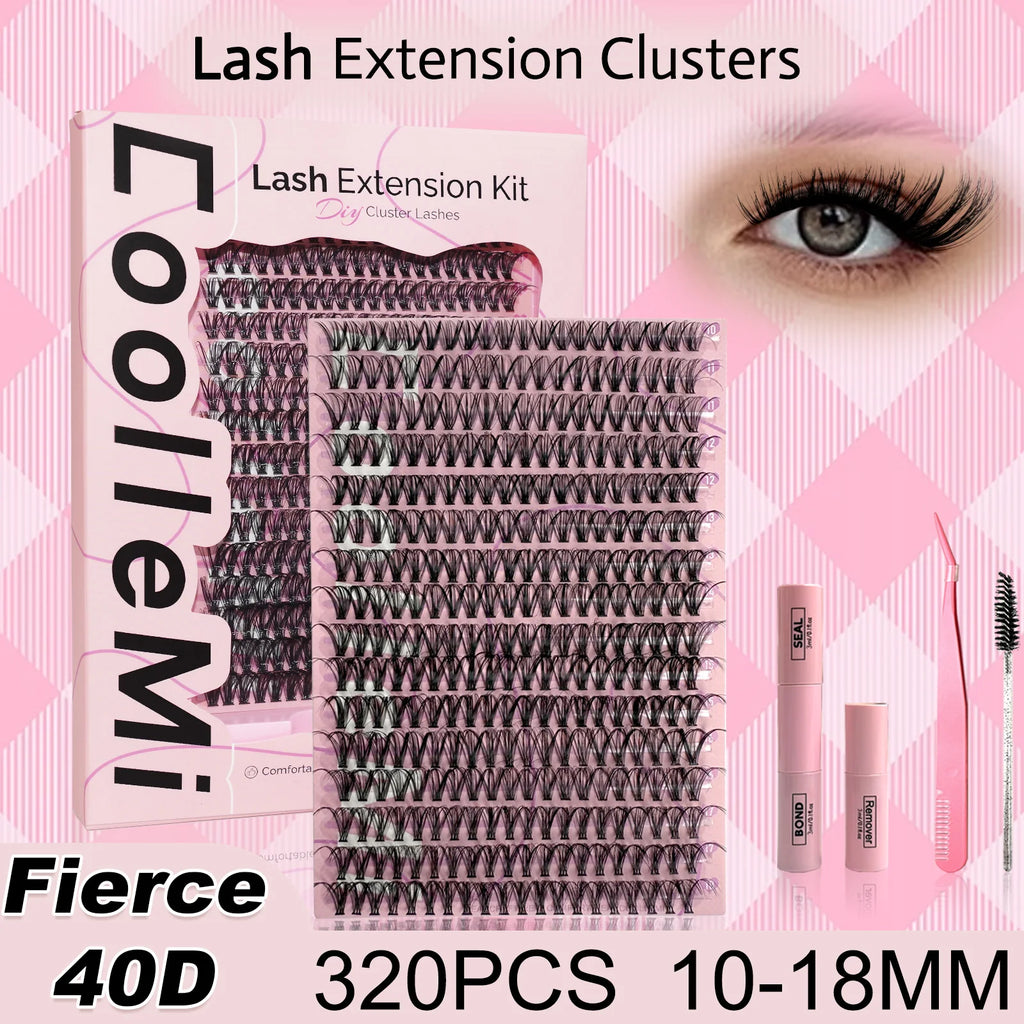 320PCS DIY Lash Kit Fierce 40D | D Curl Dense Manga Clusters 10-18mm | Ultra-Thin Band Individual Cluster Lashes with Bond Seal | Comfortable Home Self-Application Set
