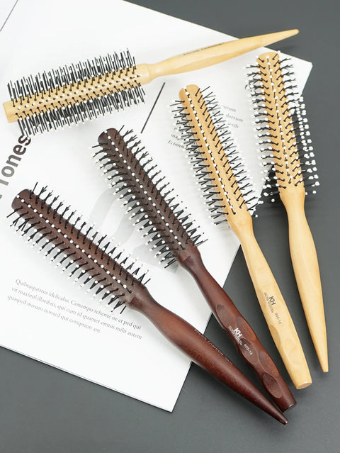 Natural Wood Handle Round Barrel Hair Comb Anti Static Brush Hair Round Comb Styling Tools For Thin Or Short Hair Men Women Use