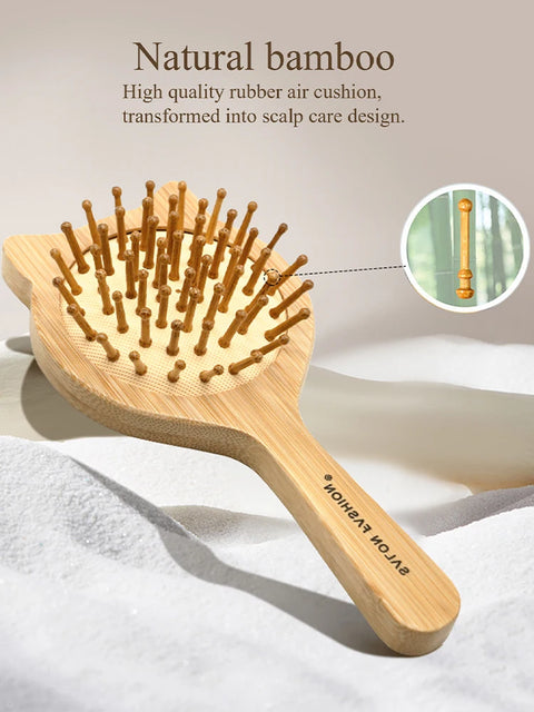 Bamboo Hair Brush - Natural Wooden Anti-Static Comb & Scalp Massager, Air Cushion Design for Detangling (Women/Men)