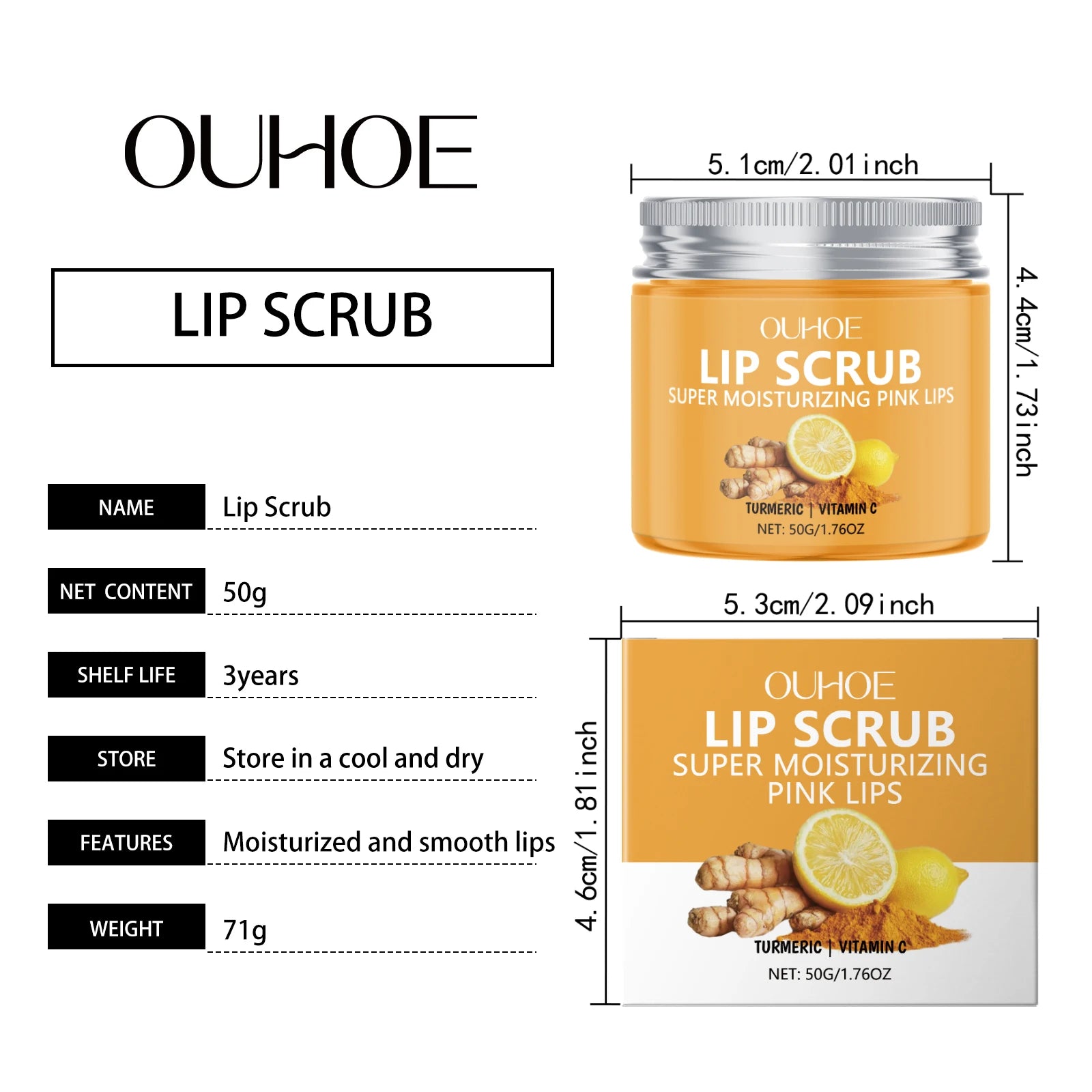 Ouhoe 50g Turmeric Lip Scrub Moisturizing Clean Dead Skin Exfoliating Plumping Lip Improve Dry Anti Crack Nourishing Lip Scrub