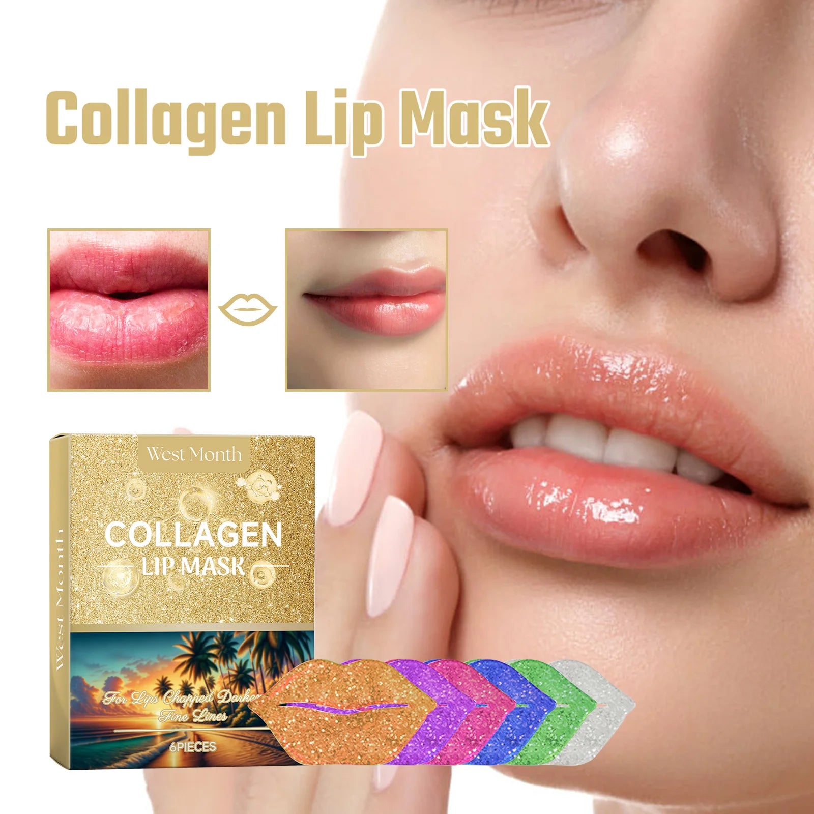 West&Month 6pcs Collagen Lip Mask Hydrating Firming Fade Lip Lines Nourishing Night Sleep Smooth Anti Dry Care Lips Plumper Mask