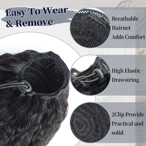 Drawstring Ponytail Extension Kinky Straight Human Hair Clip in Ponytail Hair Extensions for Daily Use #1B Natural Black Color