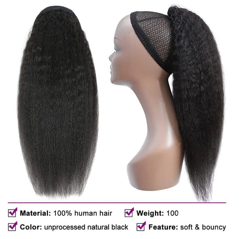 Drawstring Ponytail Extension Kinky Straight Human Hair Clip in Ponytail Hair Extensions for Daily Use #1B Natural Black Color