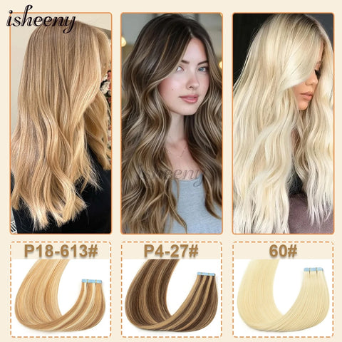 Blonde Invisible Tape in Human Hair Extensions 12-20 inches 20pcs 30g/pack Natural Straight Hair Easy to Wear at Home for Women