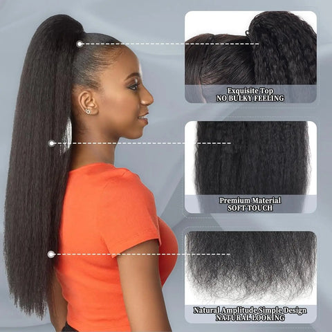 Drawstring Ponytail Extension Kinky Straight Human Hair Clip in Ponytail Hair Extensions for Daily Use #1B Natural Black Color