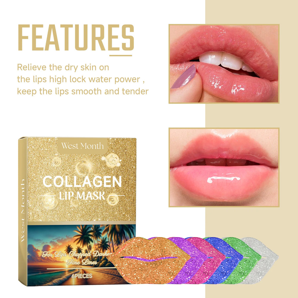 West&Month 6pcs Collagen Lip Mask Hydrating Firming Fade Lip Lines Nourishing Night Sleep Smooth Anti Dry Care Lips Plumper Mask