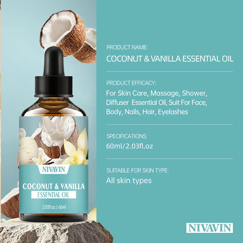 30ml/60ml/100ml NIVAVIN Coconut and Vanilla Essential Oil Body Massage Skin Care Hydrating Moisturizing and Air Freshening