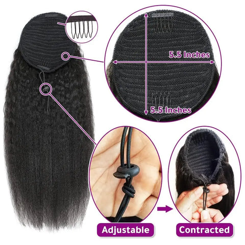 Drawstring Ponytail Extension Kinky Straight Human Hair Clip in Ponytail Hair Extensions for Daily Use #1B Natural Black Color
