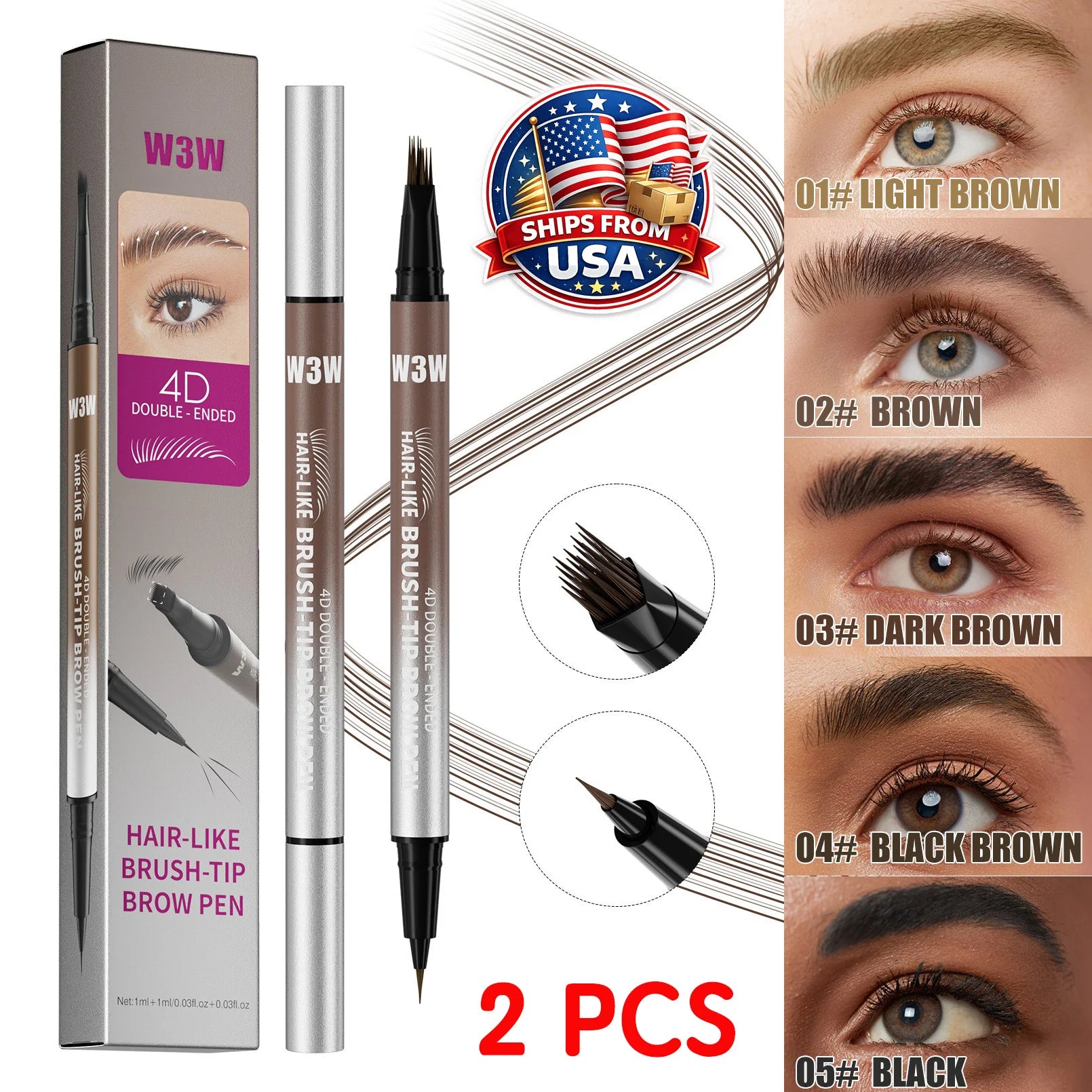 2PCS Eyebrow Pencil Dual End Brow Pen Waterproof Long Lasting Natural Hair Like Strokes Angled Tip Fine Brush For Women