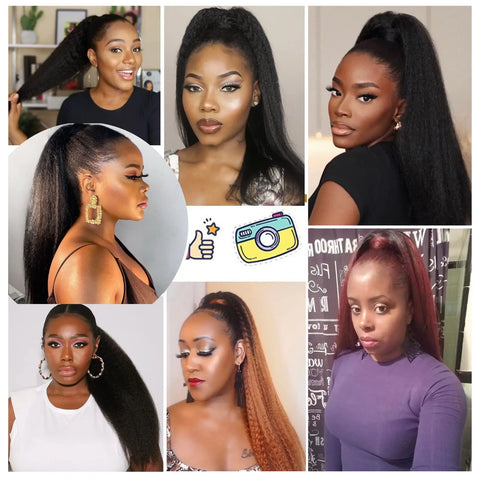 Drawstring Ponytail Extension Kinky Straight Human Hair Clip in Ponytail Hair Extensions for Daily Use #1B Natural Black Color