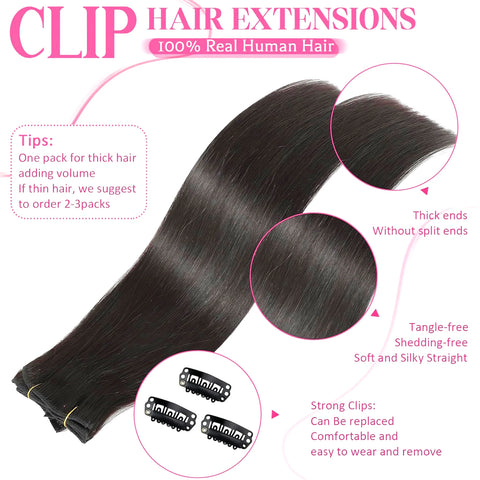 8pcs Brazilian Human Hair Clip-In Extensions Straight Natural Black Hair Extensions 100% Human Hair Clip-In with 18 Clips 120G