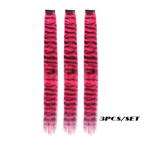 3pcs/set Stripe Printed Hair Colorful Long Straight Hair Pieces Synthetic Clip-in Hair Extensions for Daily Use Party Halloween