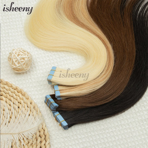 Blonde Invisible Tape in Human Hair Extensions 12-20 inches 20pcs 30g/pack Natural Straight Hair Easy to Wear at Home for Women