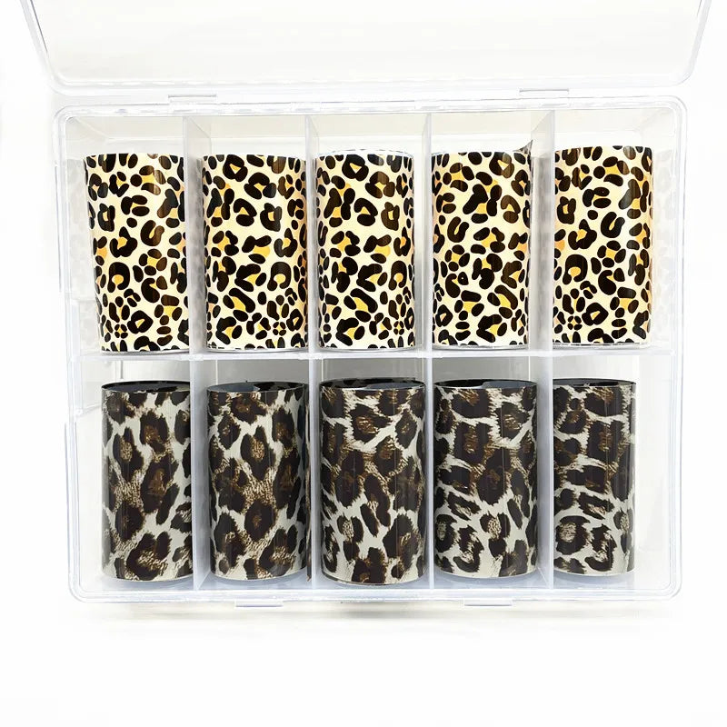 10 Rolls Leopard Print Nail Foils Transfer Paper Amber Nail Art Stickers Snake Skin Manicure Set Decal Animal Nails Decoration
