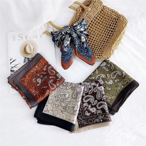 Fashion Cashew Flower Print Silk Scarf Women's Scarves Orange Silk Satin Head Scarves Bandana Hair Tie Band New Hair Accessories