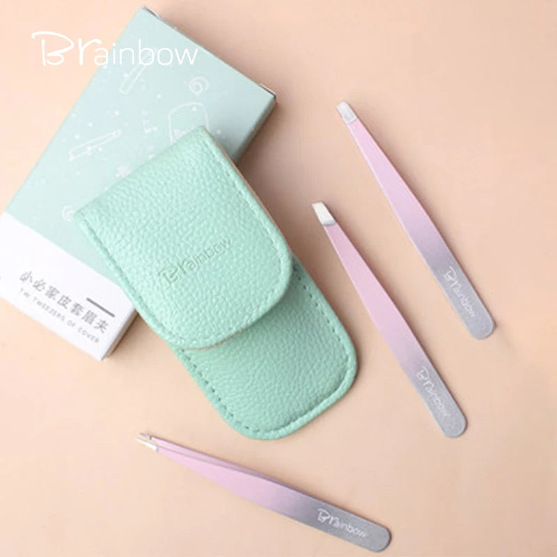 Brainbow Stainless Steel Eyebrow Tweezer 3pcs Set 10cm Slant Tip Point Tip Flat Tip Tweezers For Hair Removal Freeshipping