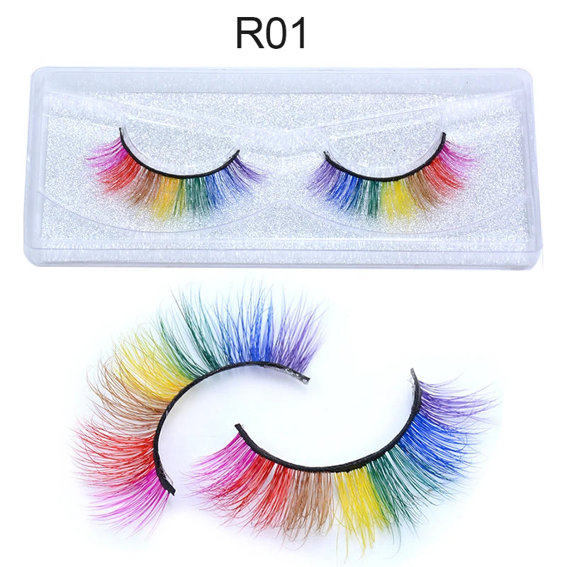3D 5D Real Mink Strip Fake Colored Eyelashes Pink Green Purple Red Faux Lashes Colorful Rainbow Lashes for Cosplay Halloween