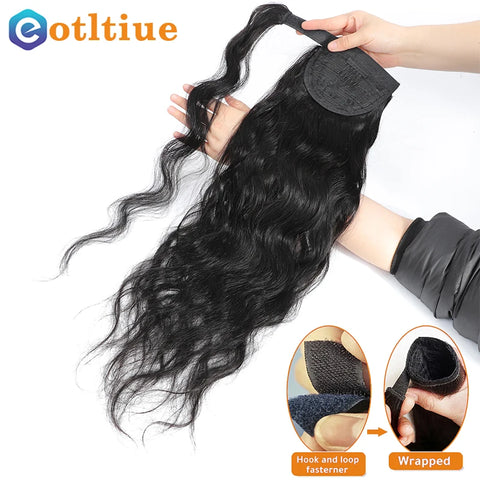 Body Wave Long Wavy Wrap Around Clip In Ponytail Hair Extension Brazilian Remy Human Hair Natural Color Heat Resistant Pony Tail