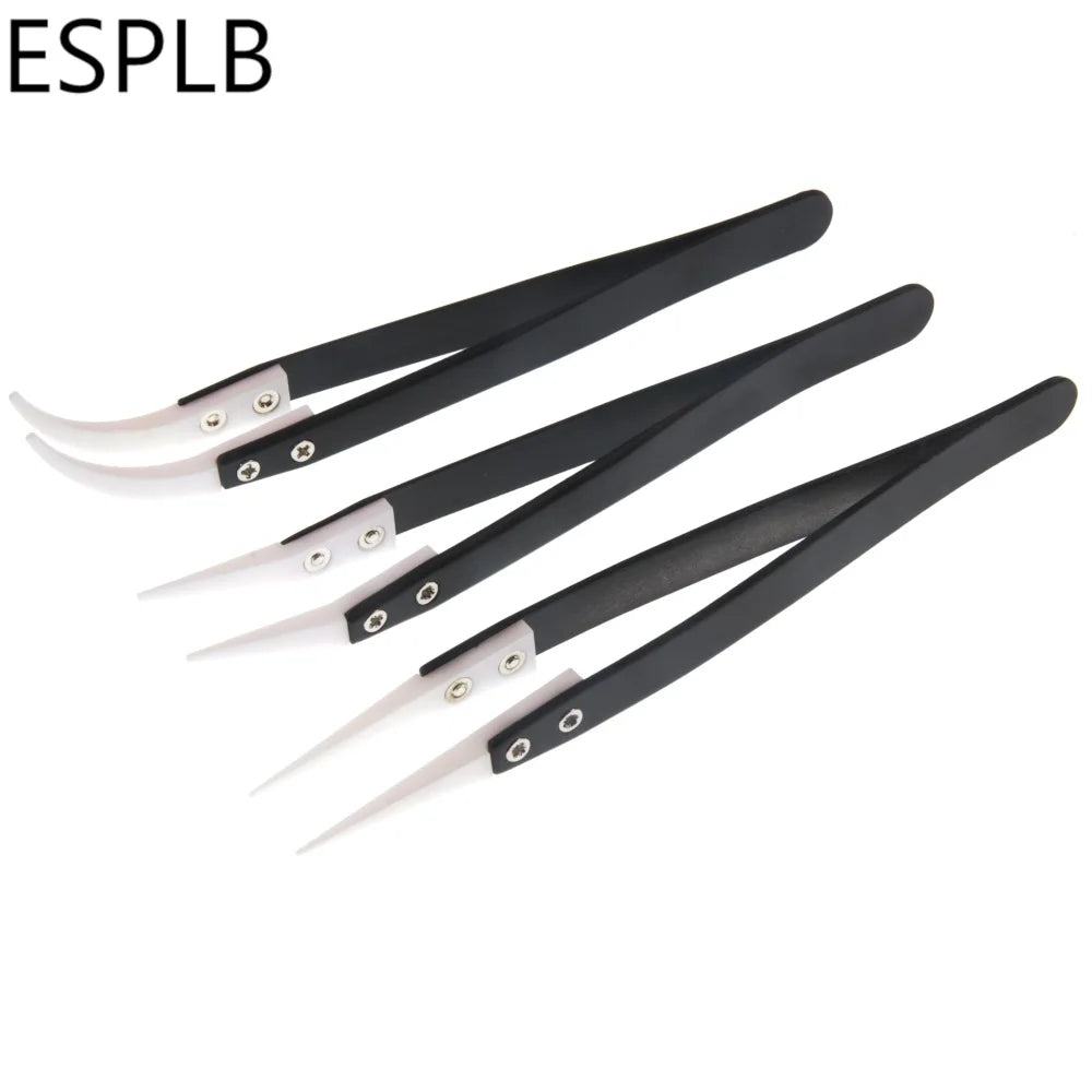 ESPLB Anti-Static Ceramic Tweezers Stainless Steel Industrial Ceramic Tweezers Insulated Straight/Curved Tip Black-Whit Tweezers