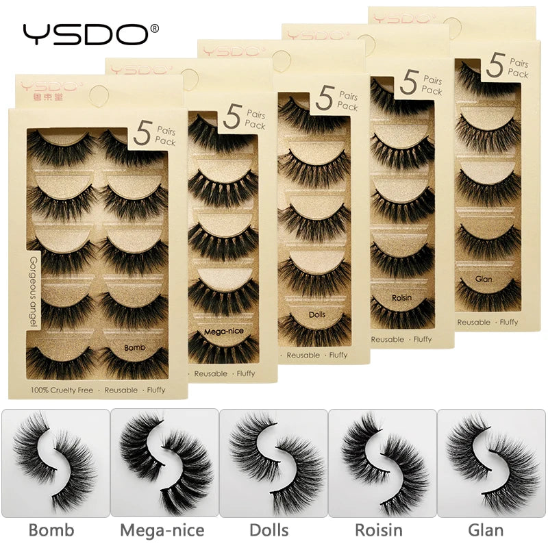 YSDO 5 Pairs Eyelashes Mink Strip Lashes Dramatic Eyelashes Natural 3D Mink Eyelashes Makeup False Eyelashes Cilios Maquiagem