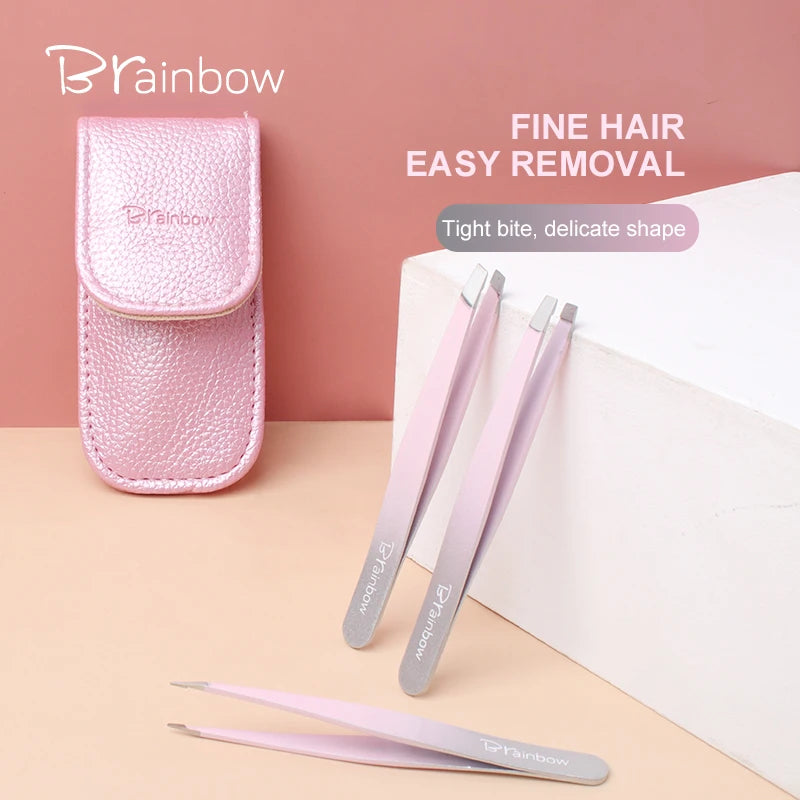 Brainbow Stainless Steel Eyebrow Tweezer 3pcs Set 10cm Slant Tip Point Tip Flat Tip Tweezers For Hair Removal Freeshipping