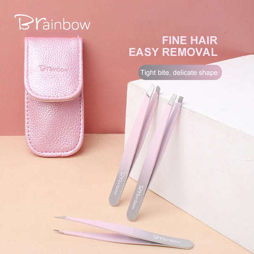 Brainbow Stainless Steel Eyebrow Tweezer 3pcs Set 10cm Slant Tip Point Tip Flat Tip Tweezers For Hair Removal Freeshipping