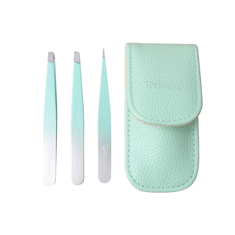 Brainbow Stainless Steel Eyebrow Tweezer 3pcs Set 10cm Slant Tip Point Tip Flat Tip Tweezers For Hair Removal Freeshipping