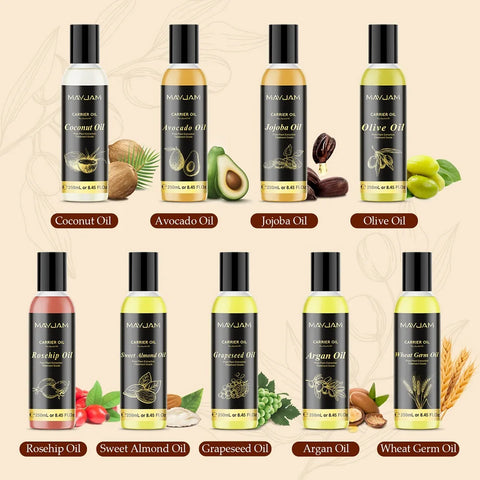 MAYJAM 250ml Carrier Oil Rosehip Olive Grapeseed Jojoba Olive Avocado Sweet Almond Coconut Argan Wheat Germ Essential Oils