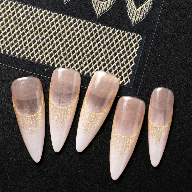 Reflective Glitter French Nail Art Stickers Sparkly Gold Silver Tassel Line Geometric Grids Adhesive Sliders Decals DIY Manicure