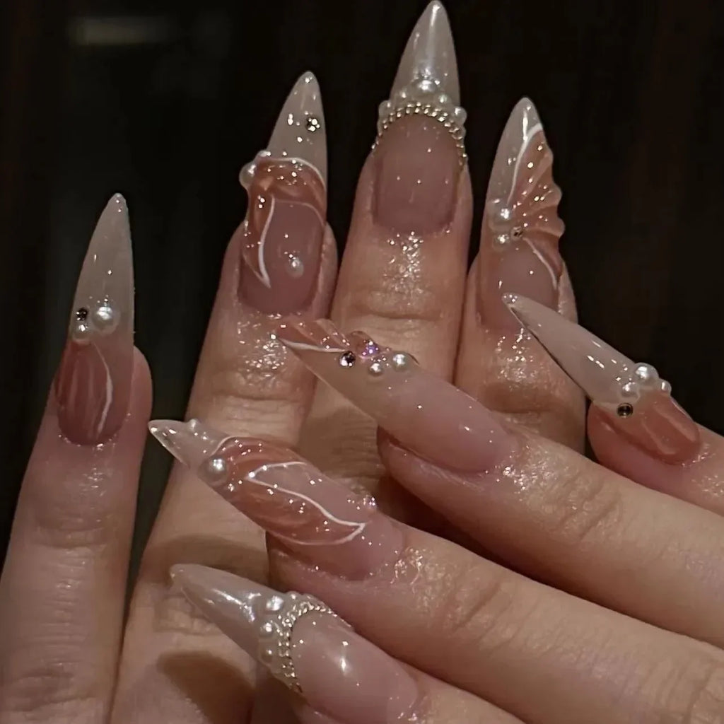 Exaggerate Punk Extra Long Pointed Fake Nails Art Dark Y2K Black Spider Centipede Rhinestone False Nail Press on Nails Manicure