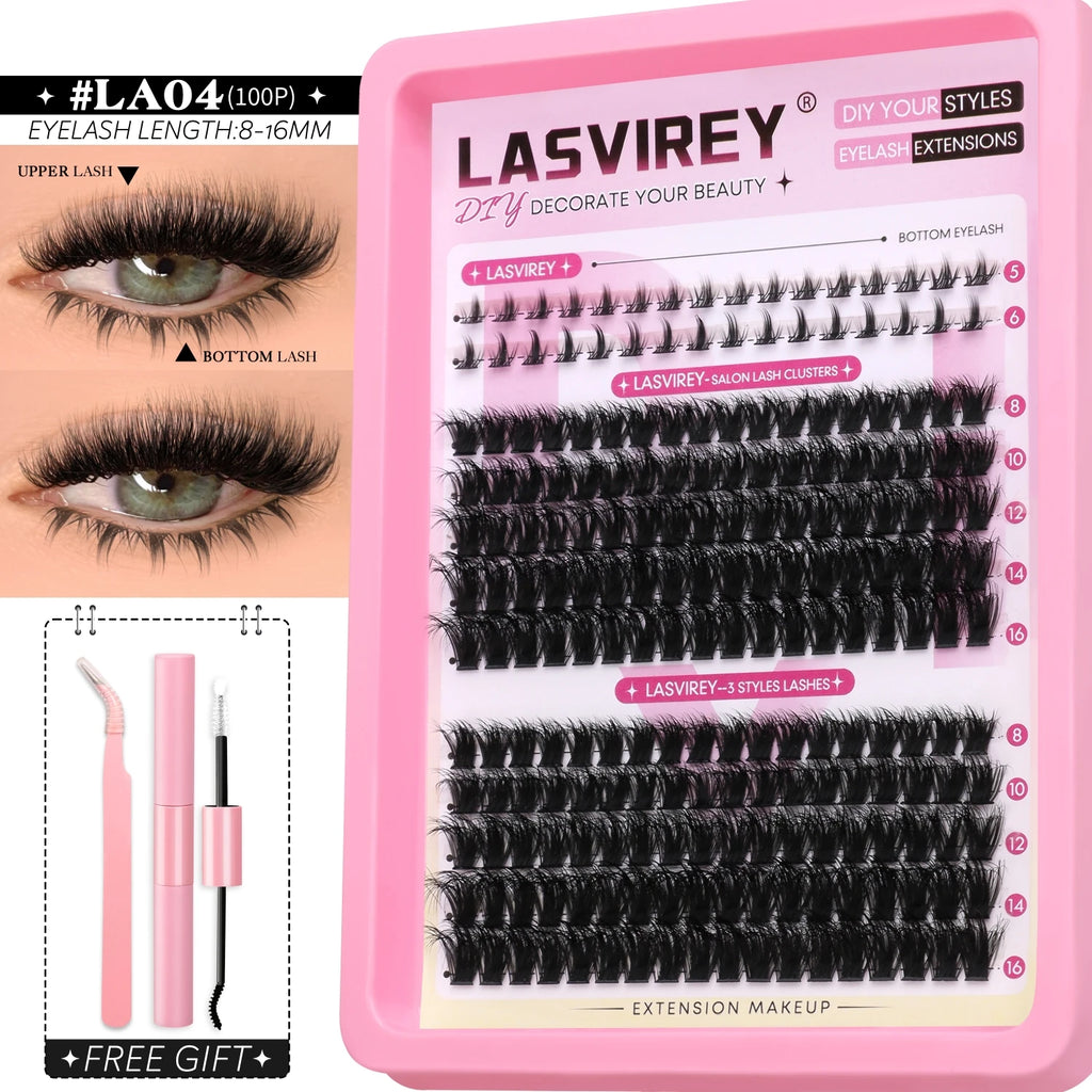 Lasvirey DIY Lashes Kit Fluffy Lash Clusters Kit Mixed Individual Eyelashes with Bottom Lashes Extension Cluster Lashes Makeup