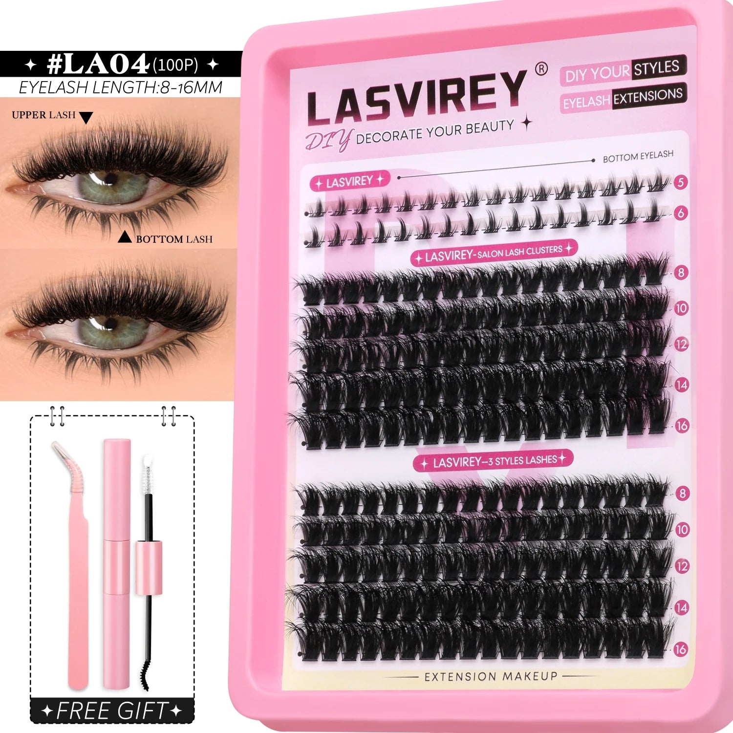 Lasvirey DIY Lashes Kit Fluffy Lash Clusters Kit Mixed Individual Eyelashes with Bottom Lashes Extension Cluster Lashes Makeup