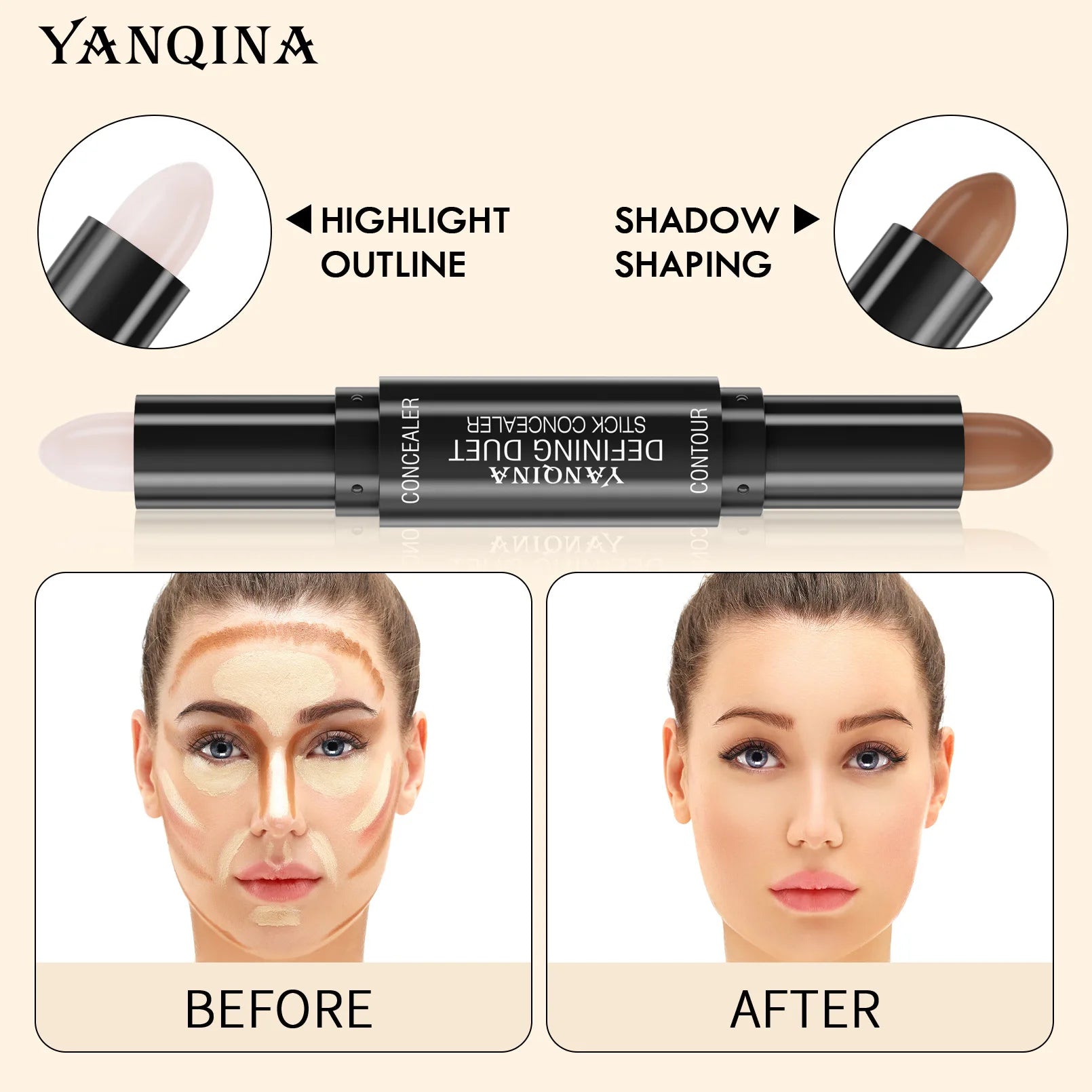 YANQINA Double-heads Contour & Highlight  Stick Sculpted Shading and V-Shape Facial Sculpting Two-in-one Concealer Pen Makeup