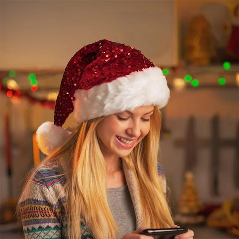 Sequin Christmas Hat Plush Solid Color Sparkle Santa Claus Hat with Long Fluffy Pompom For Adult Kids Christmas Party Decoration