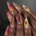 24pcs Tropical Flower Press On Nails Colorful French 3D Crystal Butterfly Shells Pattern Printed False Nails Almond Fake Nail