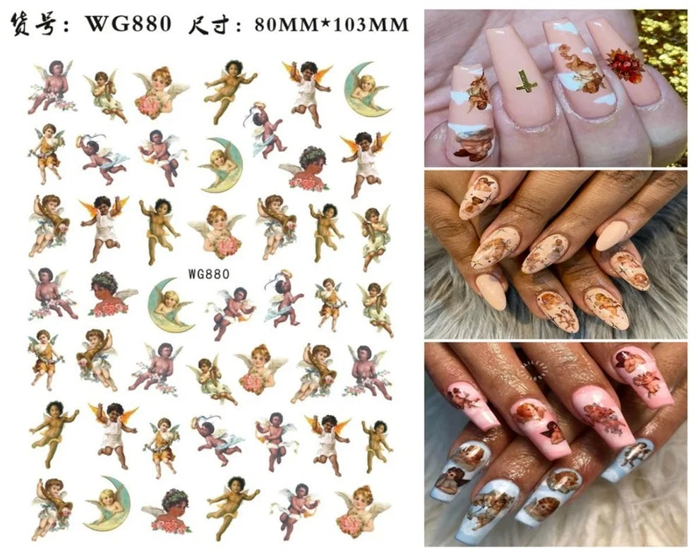 Nail Art Sticker Angel Flower Pattern Stickers Cupid Self-Adhesive Nail Decals Stickers Decoration Press on Nails Accessories