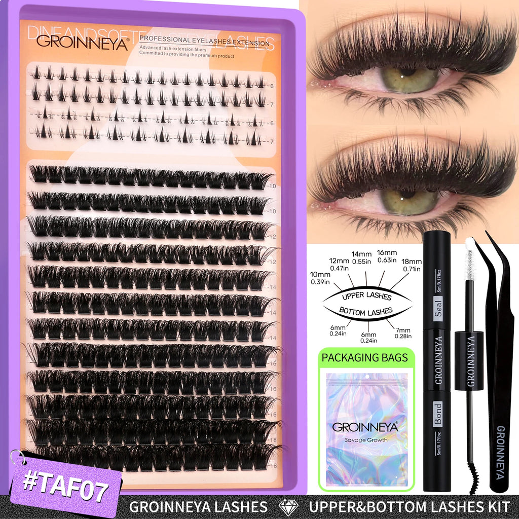 GROINNEYA Lashes Clusters Kit With Lash Bond And Seal And Eyelash Tweezers Waterproof Strong Hold DIY Lash Extension Kit Makeup