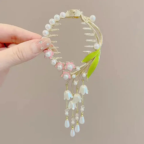 Flower Tassel Hair Clip Women Ladies Butterfly Rhinestone Pearl Metal Hair Claw Round Bun Ponytail Holder Hair Accessories