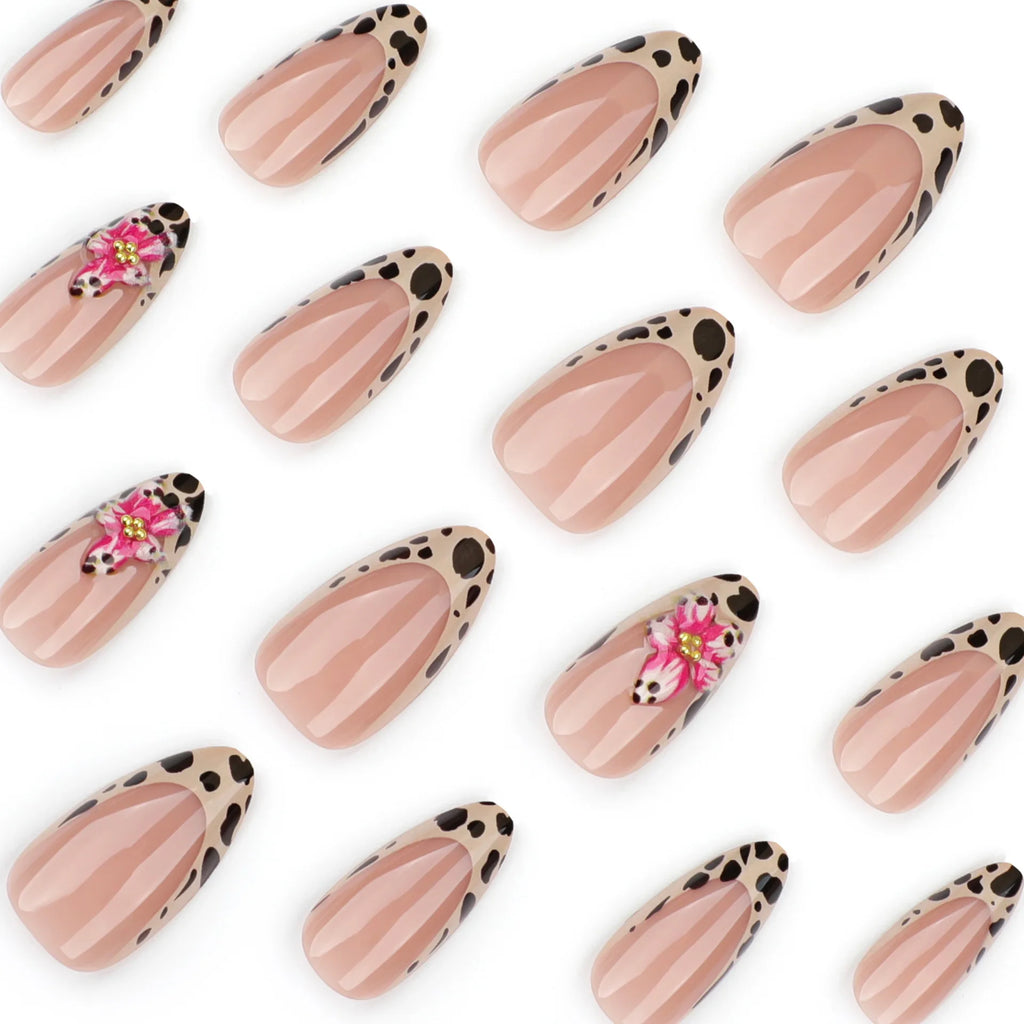 24pcs Brown French Leopard Print Press On Nails Stereo Pink Flower Designs Autumn False Nails Sweet Cool Almond Fake Nail Tips