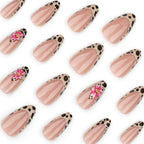 24pcs Brown French Leopard Print Press On Nails Stereo Pink Flower Designs Autumn False Nails Sweet Cool Almond Fake Nail Tips