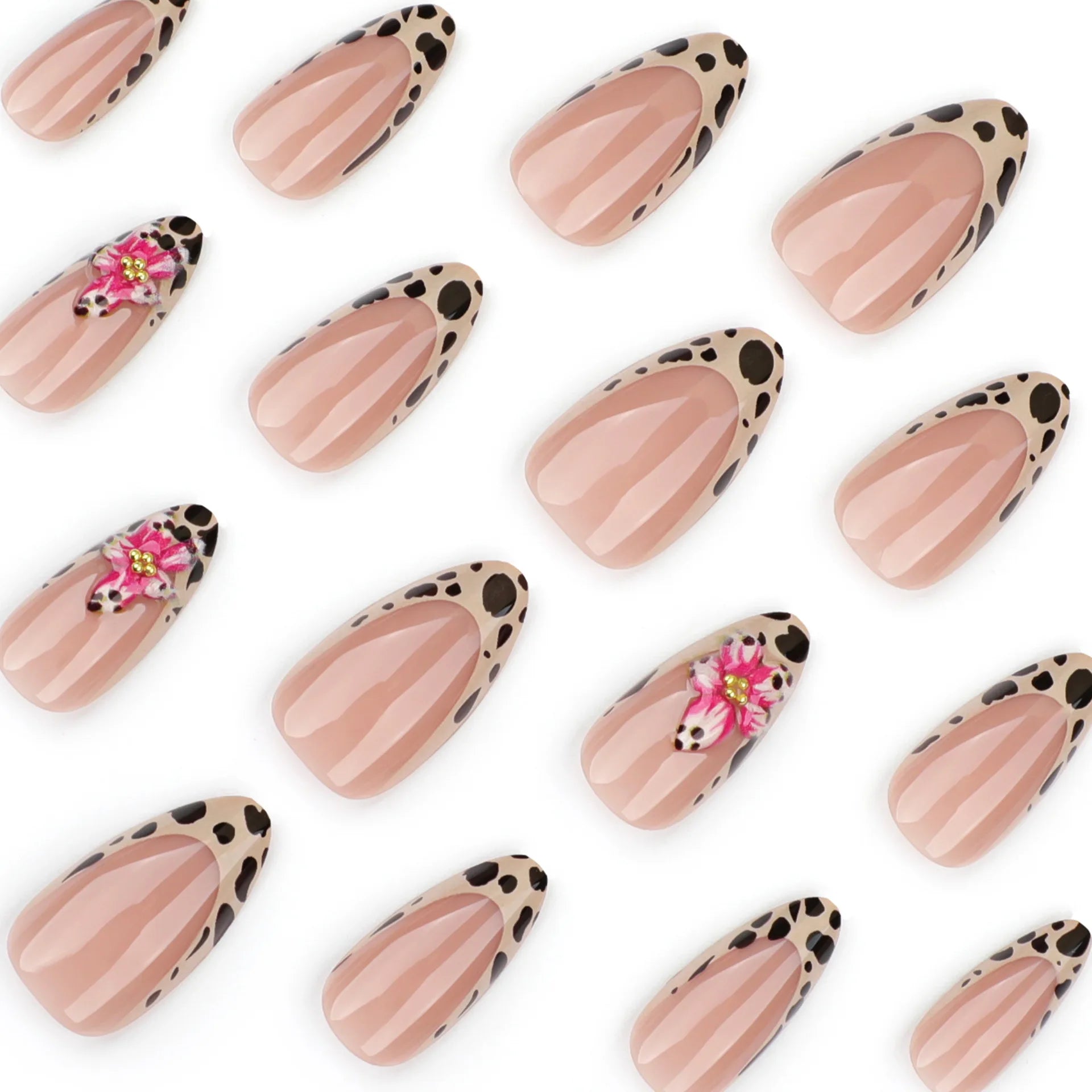 24pcs Brown French Leopard Print Press On Nails Stereo Pink Flower Designs Autumn False Nails Sweet Cool Almond Fake Nail Tips