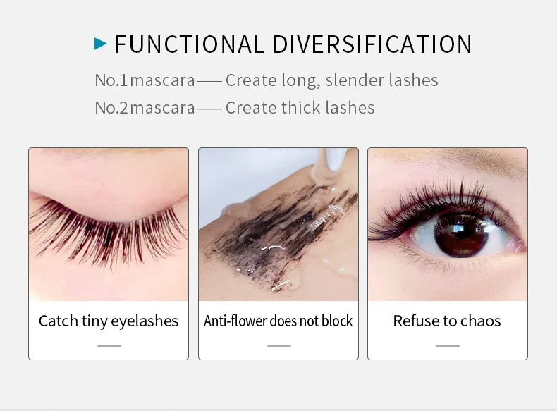 QIC Double Effect 4D Mascara Waterproof Long Curl Natural Thick Eyelash 2-in-1 Black Mascara with 2 Brush Heads