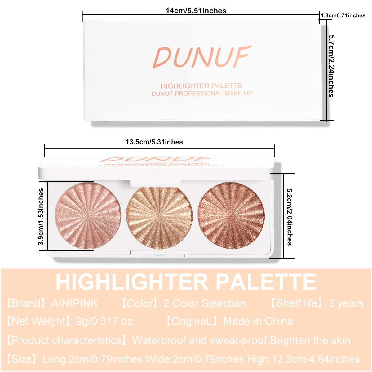 DUNUF 3-color pearlescent brightening high disc, waterproof, sweat-proof and powder-free, fine and smooth without powder flying